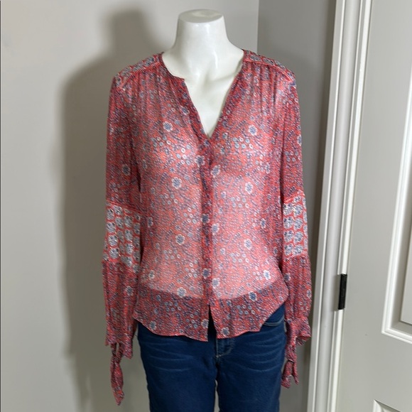 REBECCA TAYLOR Amanda Shirt Print Silk Long Sleeve Blouse Sheer Top Blousr Sz 4 - Picture 3 of 11